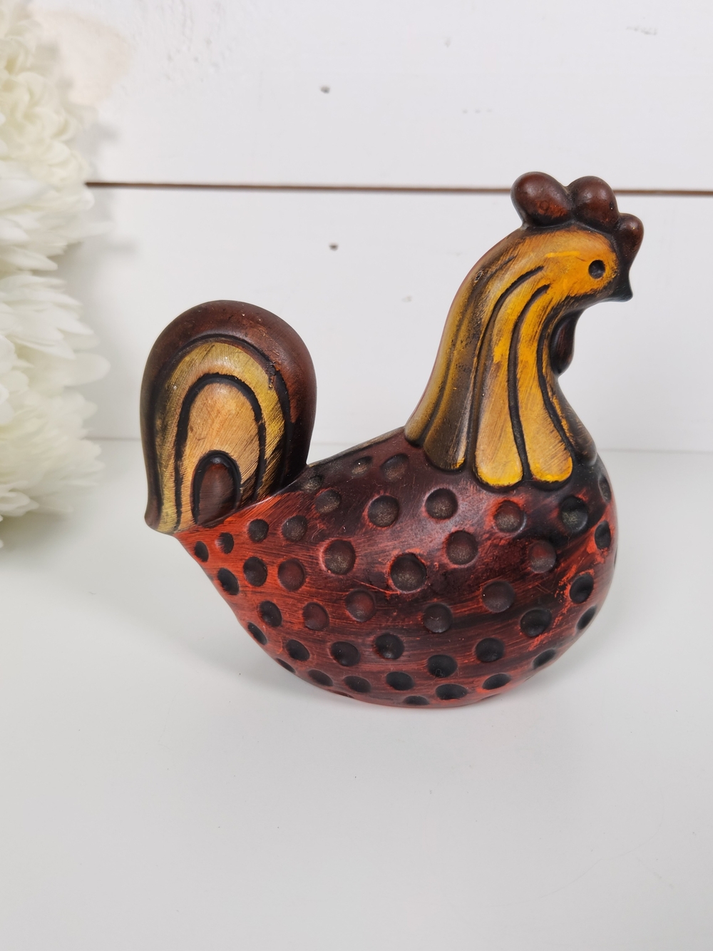 Vintage Yellow & Red Polka Dot Ceramic Chicken , Ardco Japan | Rooster Figurine